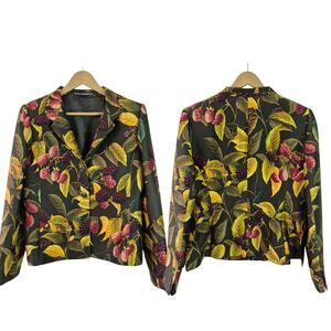 Linda Allard Green Purple Berry Print Silk Wool Blend Lined Vintage Blazer 14 LG